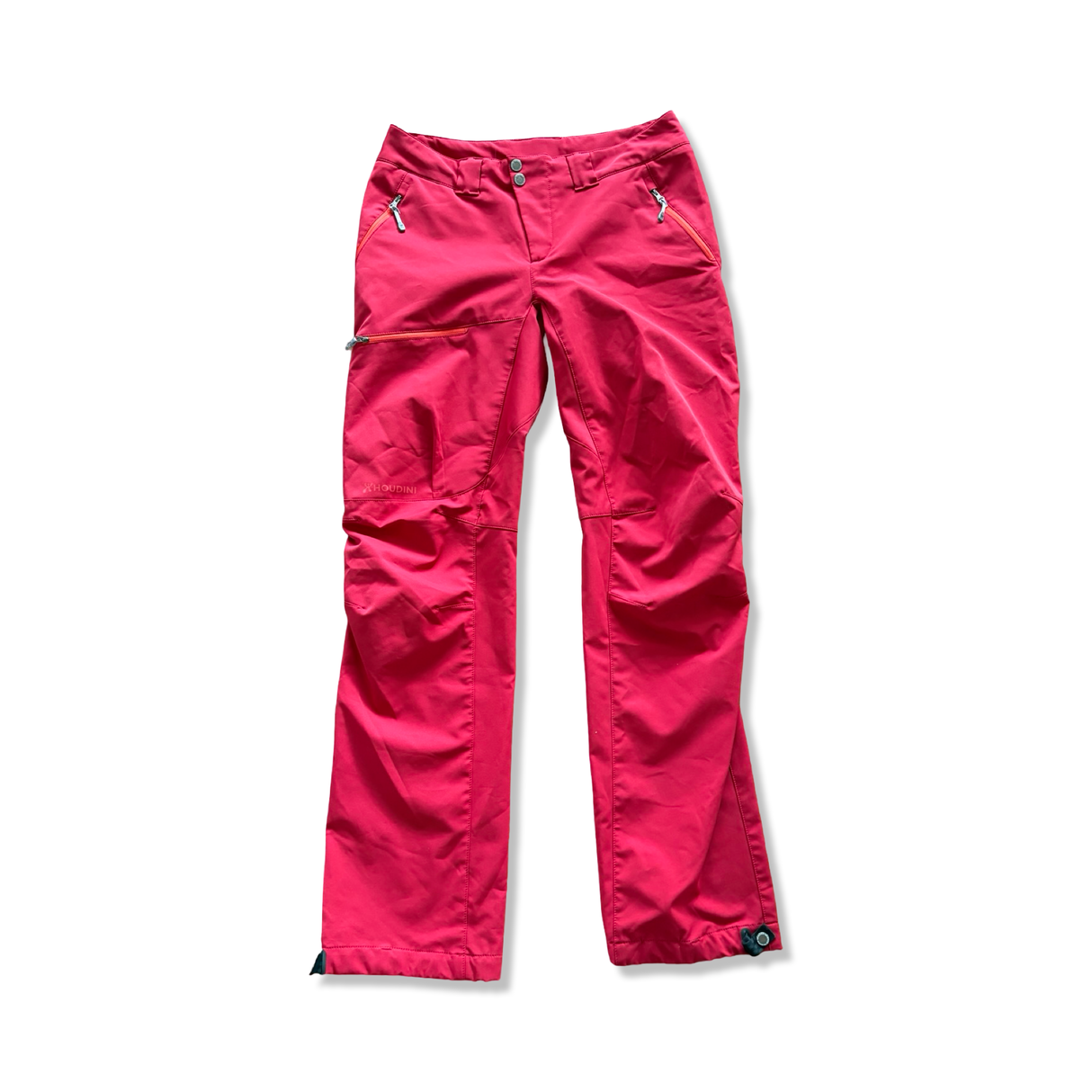 Red Houdini women's hiking trousers with a zipper, front view against a white background.