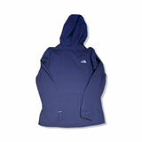 Blue The North Face women's Windwall softshell jacket with a hood, back view against a white background.
