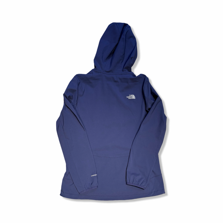 Blue The North Face women's Windwall softshell jacket with a hood, back view against a white background.