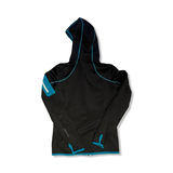 Black Ortovox women's fleece cardigan with a hood and blue details, back view against a white background.