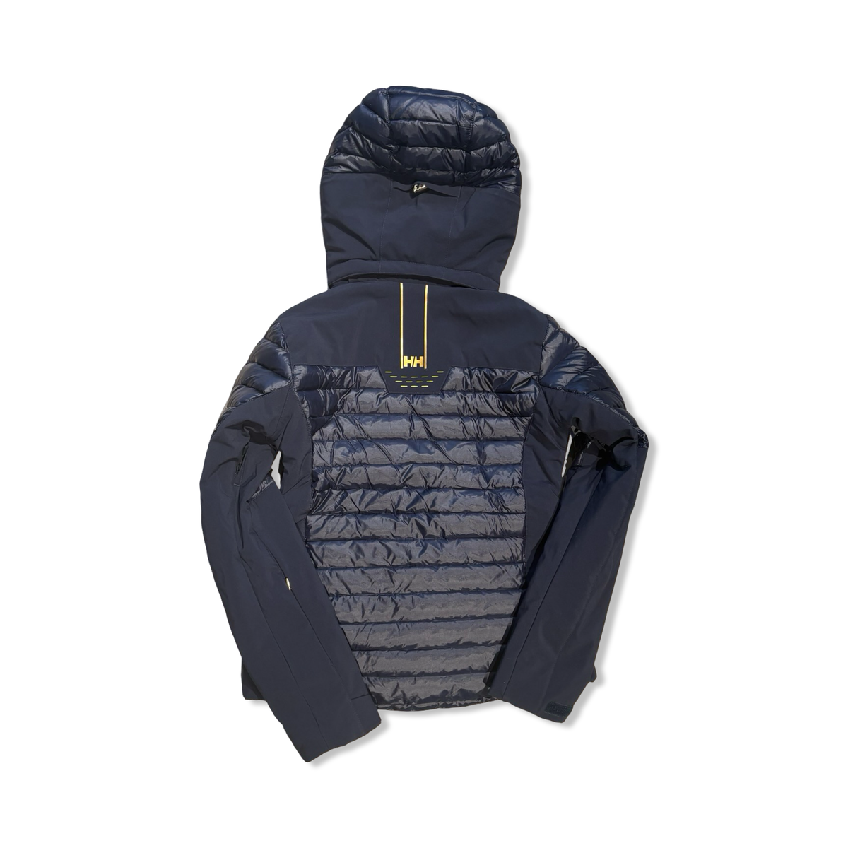 Dark blue Helly Hansen women's hooded ski jacket, back view against a white background.