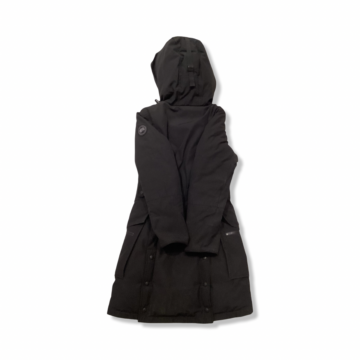 Back view of a black Canada Goose Black Label women's down jacket in size XS against a white background.