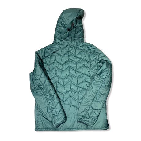Baksidan av en blå/grön Peak Performance W elevate liner hood syntetjacka för herr med huva, visad mot vit bakgrund.