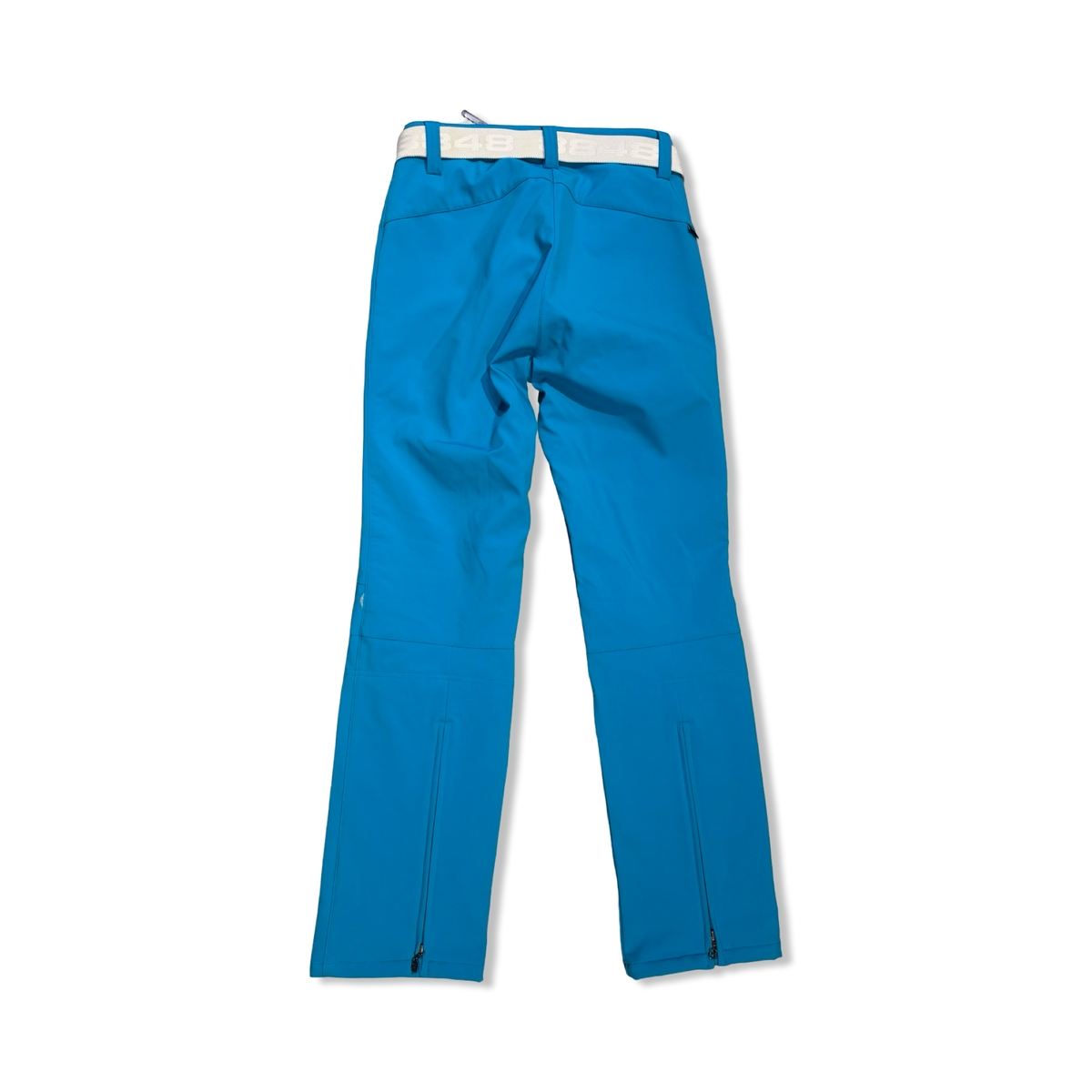 Back view of turquoise 8848 women's ski pants with a belt against a white background.
