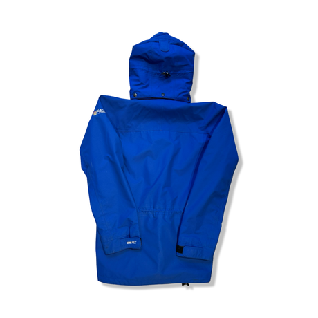 Blue Peak Performance RD Long 3L men's ski jacket with a hood, back view against a white background.