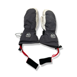 A pair of blue and white Hestra mittens with wrist straps and a carabiner, photographed against a white background.