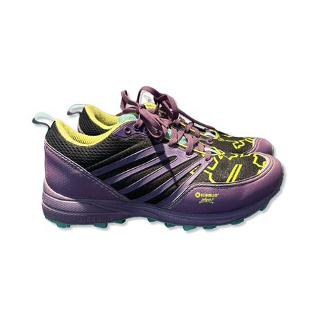 Purple and black Icebug women's running shoes in size 39, photographed from the side against a white background.