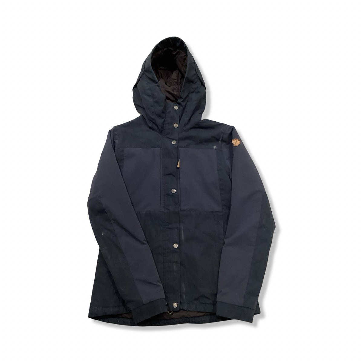 Blue Fjällräven women's hooded raincoat, front view against a white background.