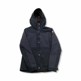 Blue Fjällräven women's hooded raincoat, front view against a white background.