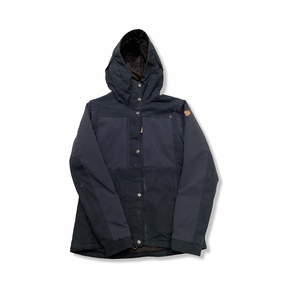 Blue Fjällräven women's hooded raincoat, front view against a white background.