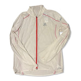 White Salomon men's windstopper jacket with a red zipper, photographed from the front against a white background.