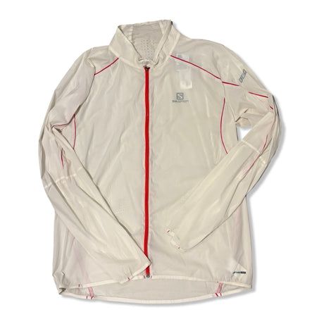 White Salomon men's windstopper jacket with a red zipper, photographed from the front against a white background.