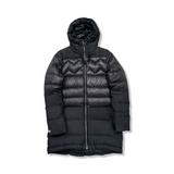 Black Mountain Works women's down jacket with a hood and zipper, front view against a white background.