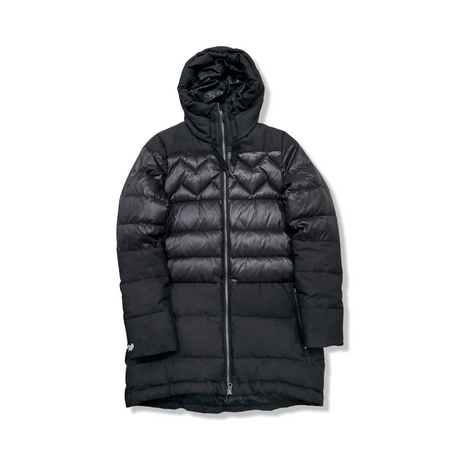 Black Mountain Works women's down jacket with a hood and zipper, front view against a white background.