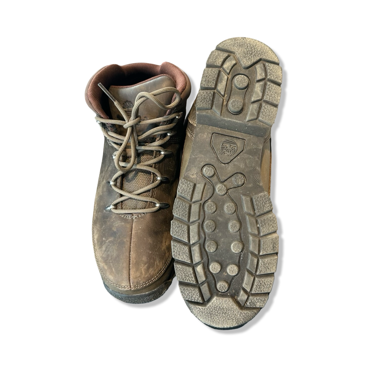 Brown women's hiking boots from Timberland in size 40, shown from above focusing on the upper and sole against a white background.