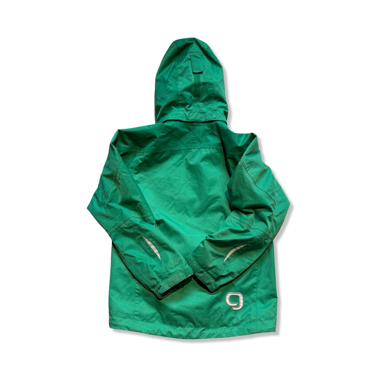 Green Gneis rain jacket with a hood, back view against a white background.