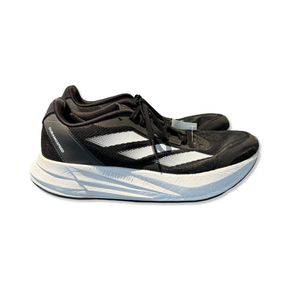 Black and white Adidas women's running shoe in model Duramospeed Lightstrike, photographed from the side against a white background.