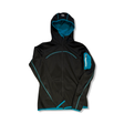 Black and blue women's fleece cardigan from Ortovox with a hood and zipper, photographed from the front against a white background.