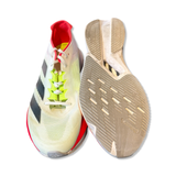 White and red Adidas Adizero Boston 12 men's running shoes, with one shoe showing the rubber-patterned outsole.