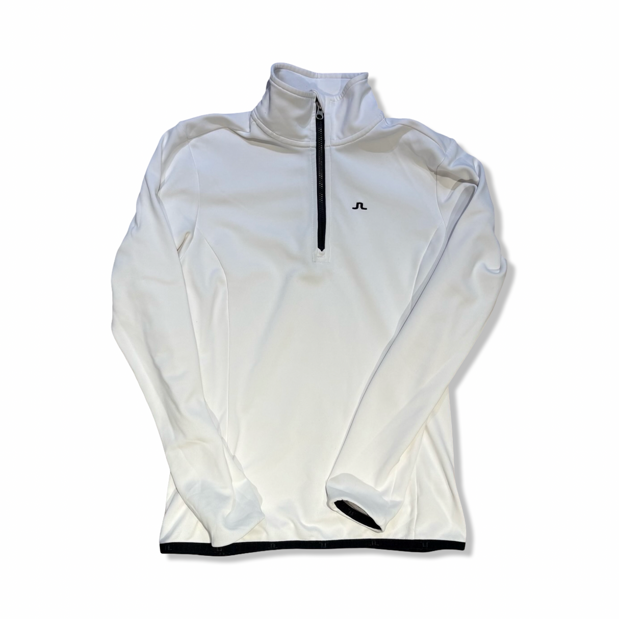 White J.Lindeberg women's half-zip fleece sweater, front view against a white background.