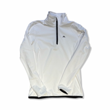 White J.Lindeberg women's half-zip fleece sweater, front view against a white background.