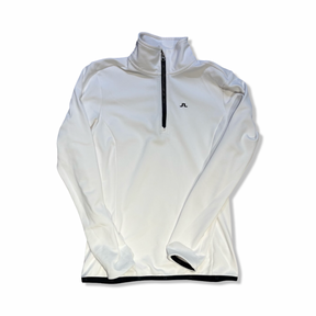 White J.Lindeberg women's half-zip fleece sweater, front view against a white background.
