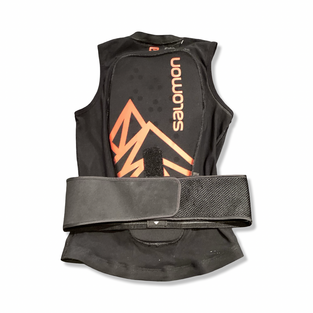 Back view of a black Salomon junior back protector with orange details, photographed against a white background.