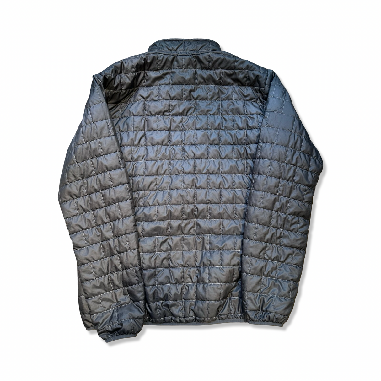 Grey Patagonia Nano Puff men's pullover jacket, back view against a white background.