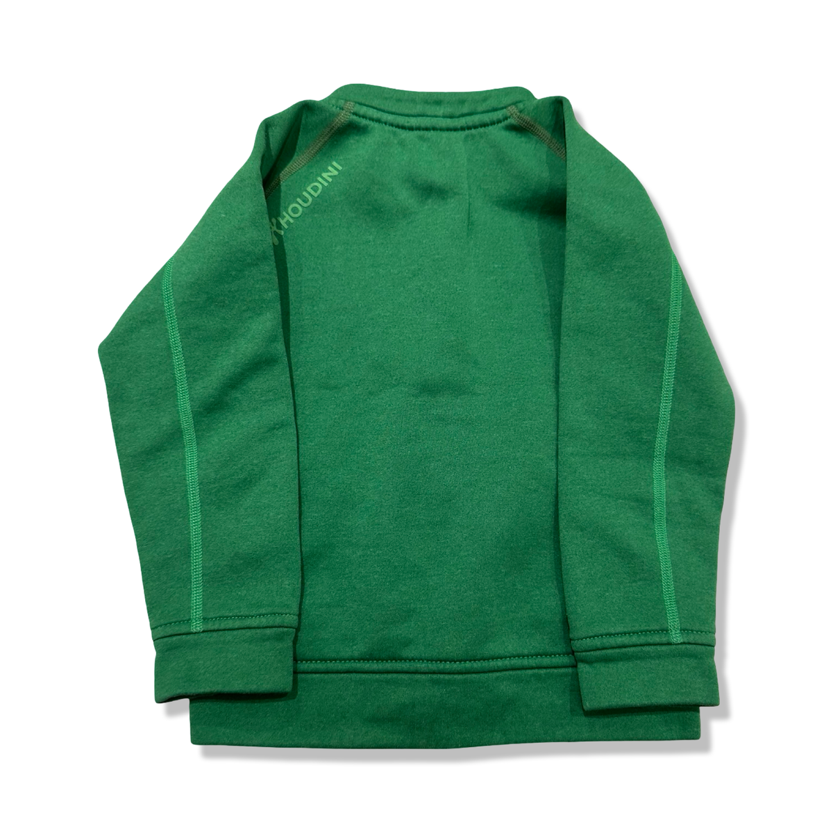 Back view of a green Houdini fleece sweater with logo against a white background.
