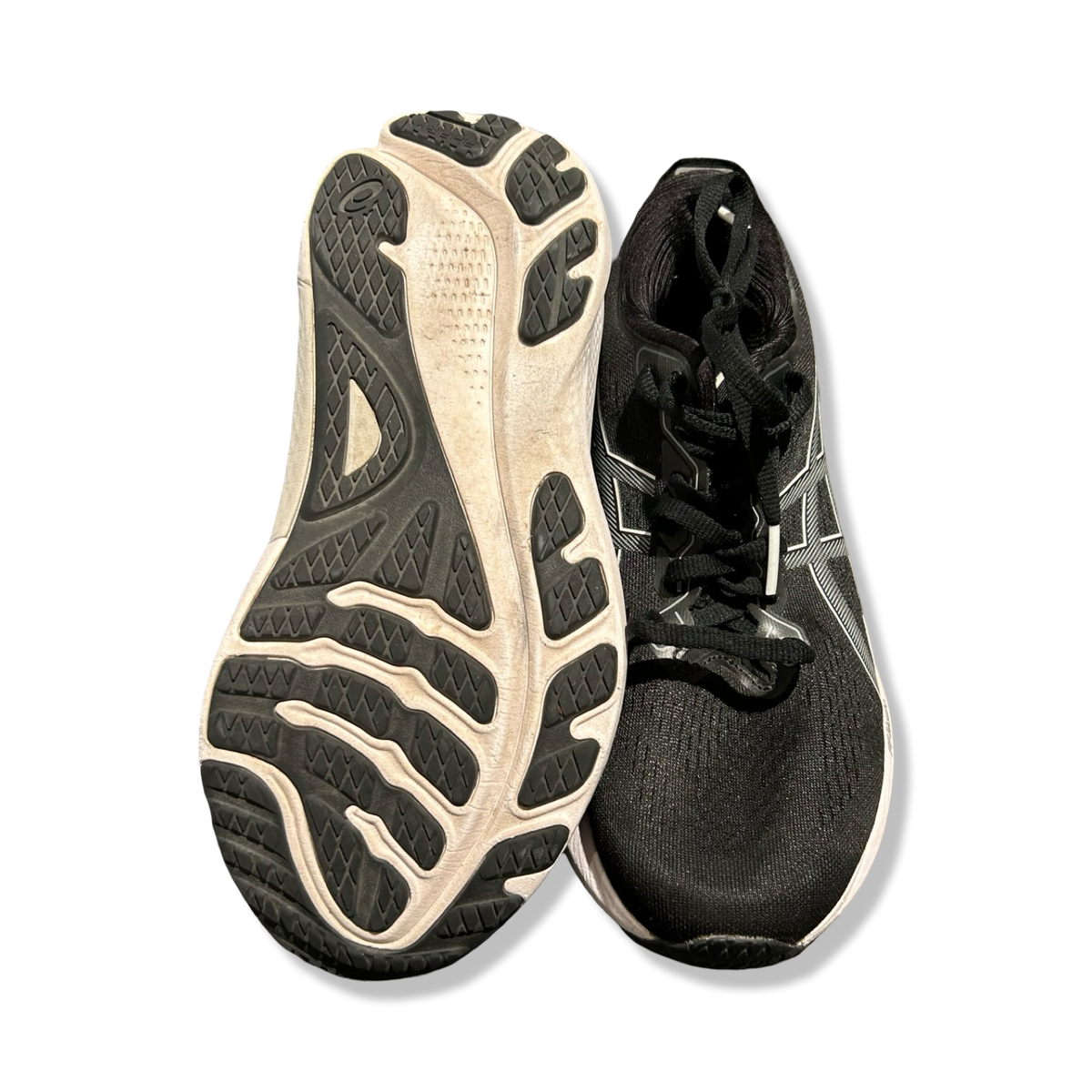 Black Asics Gel-Kayano 30 women's running shoes in size 38, shown with the outsole and upper side against a white background.