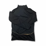 Back view of a black New Balance athletic jacket against a white background.