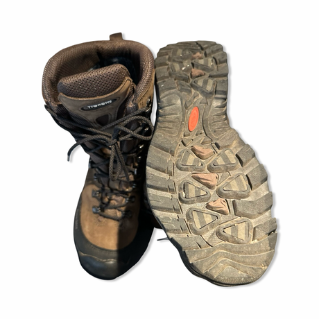 Brown Tretorn Treksta Tundra Boa women's hiking boots showing upper and lugged outsole view, against a white background.