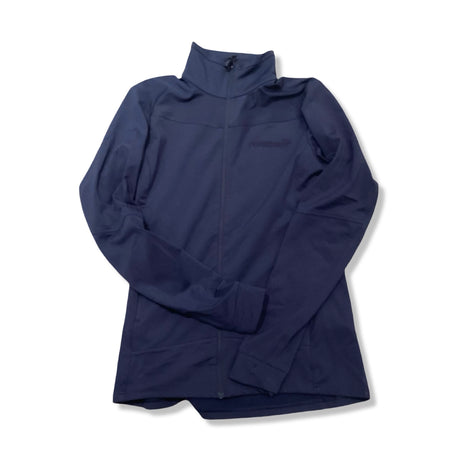 Blue Norröna women's falketind warm1 stretch jacket with zipper, front view against a white background.