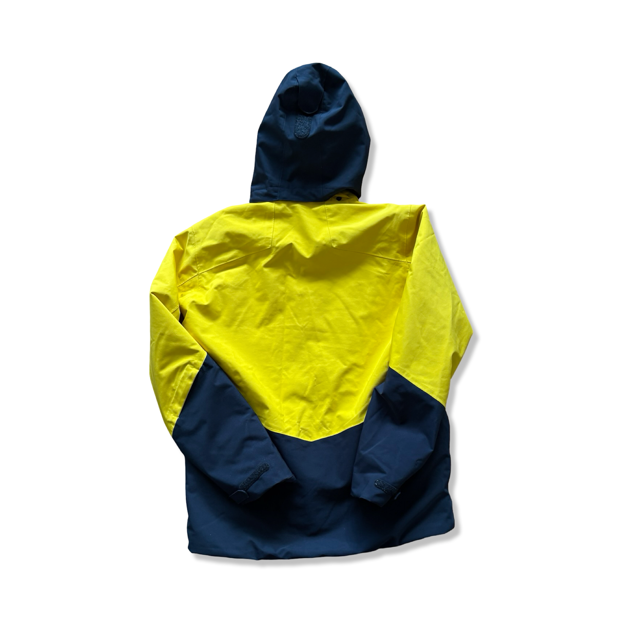 Yellow and blue Peak Performance unisex ski jacket with a hood, rear view against a white background.
