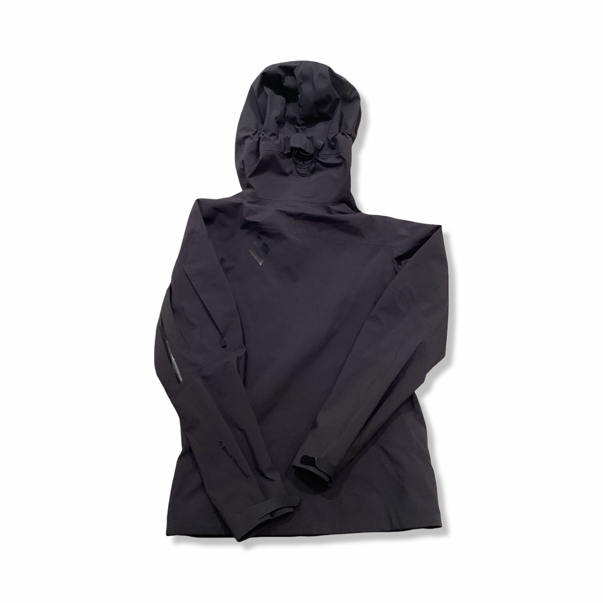 Back view of a black Black Diamond women's hooded shell jacket against a white background.