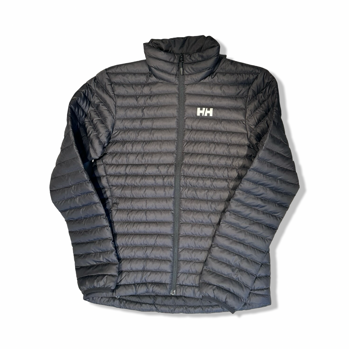 Black Helly Hansen down jacket for men in size S, photographed from the front against a white background.