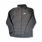 Black Helly Hansen down jacket for men in size S, photographed from the front against a white background.