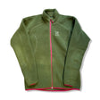 Green Haglöfs women's zip-up fleece jacket, front view against a white background.
