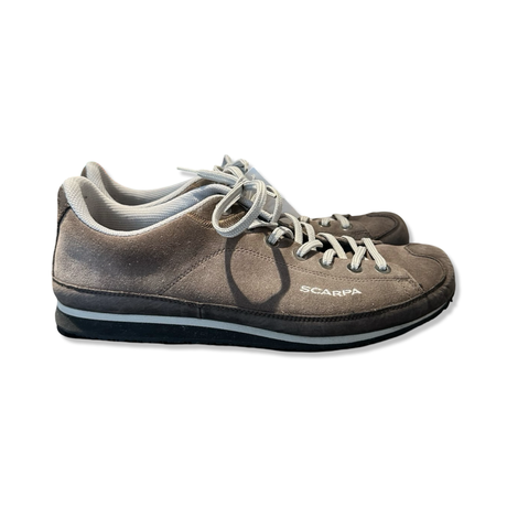 Brown Scarpa suede men's sneakers with light laces, photographed from the side against a white background.