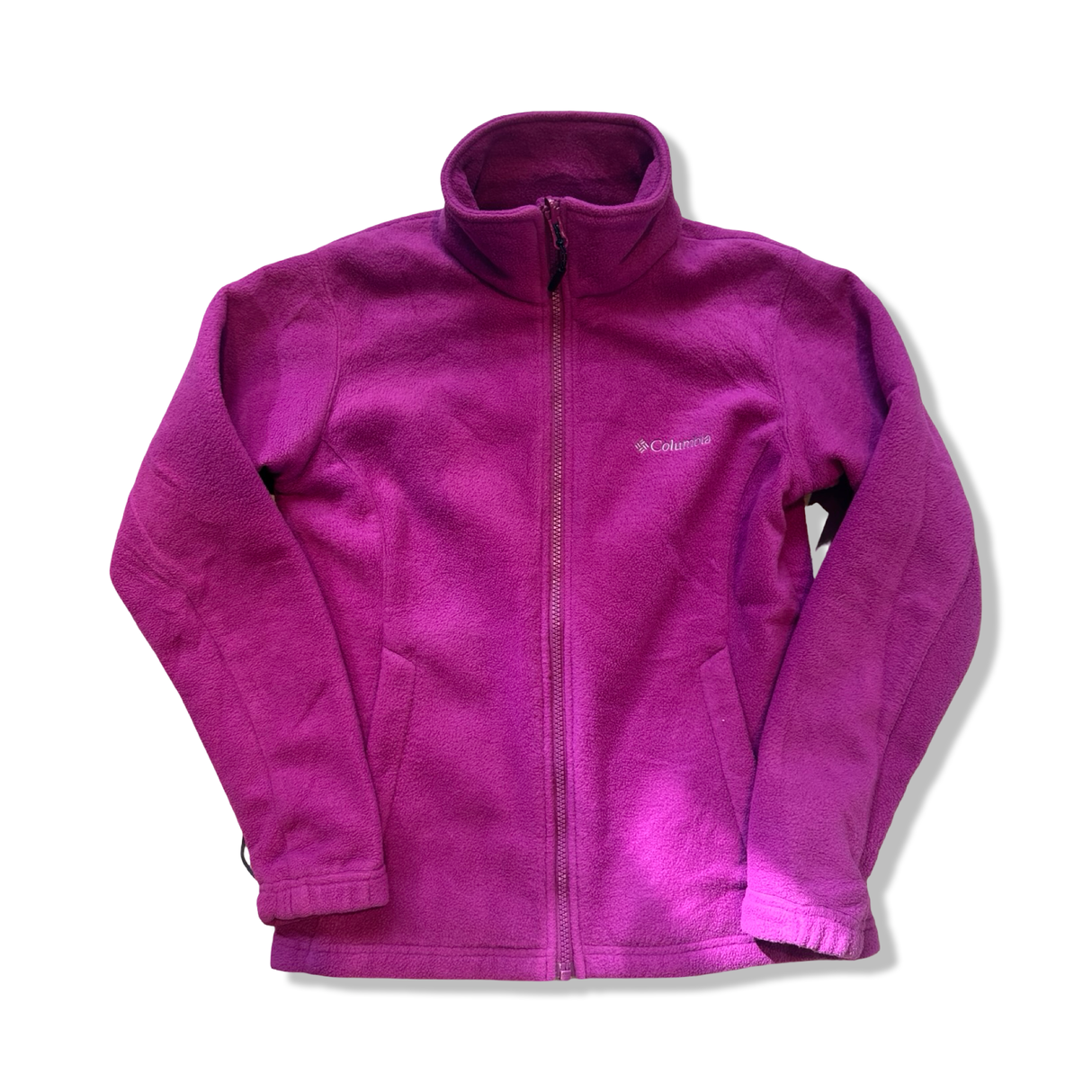 Pink Columbia women's fleece jacket with a zipper, front view against a white background.