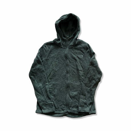 Green The North Face women's fleece cardigan with a hood and zipper against a white background.