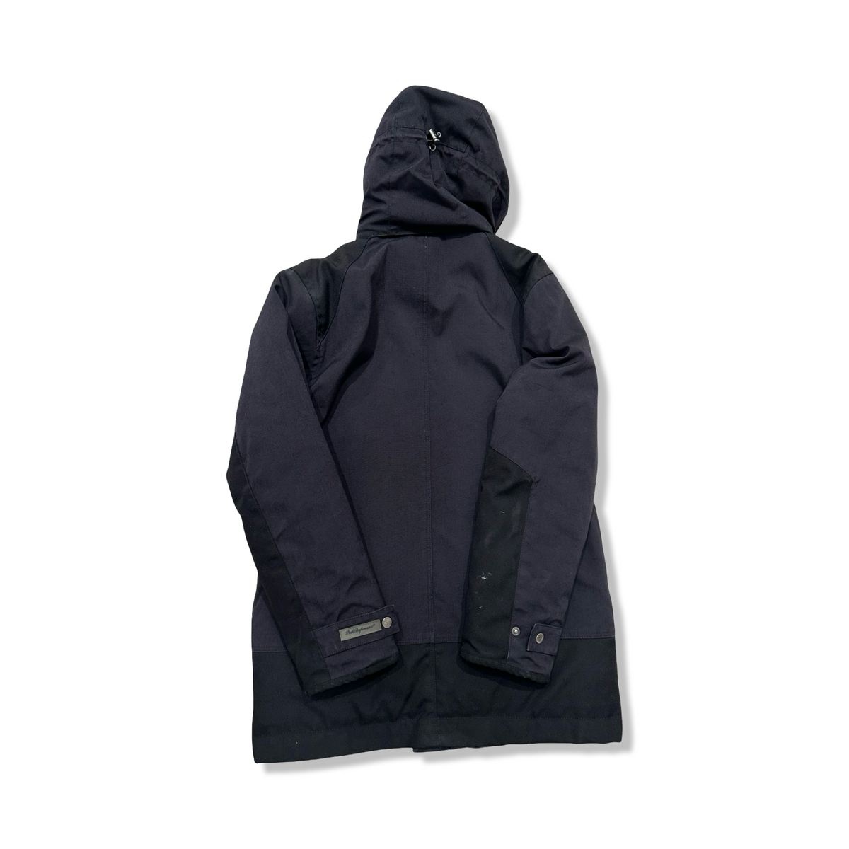 Black hooded Peak Performance men's down jacket, back view against a white background.