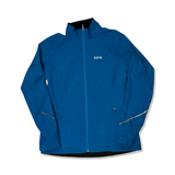 Blue Gore Wear women's windstopper jacket with a zipper and reflective details, front view against a white background.