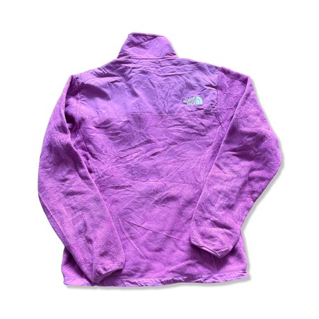Pink The North Face women's fleece cardigan, rear view against a white background.