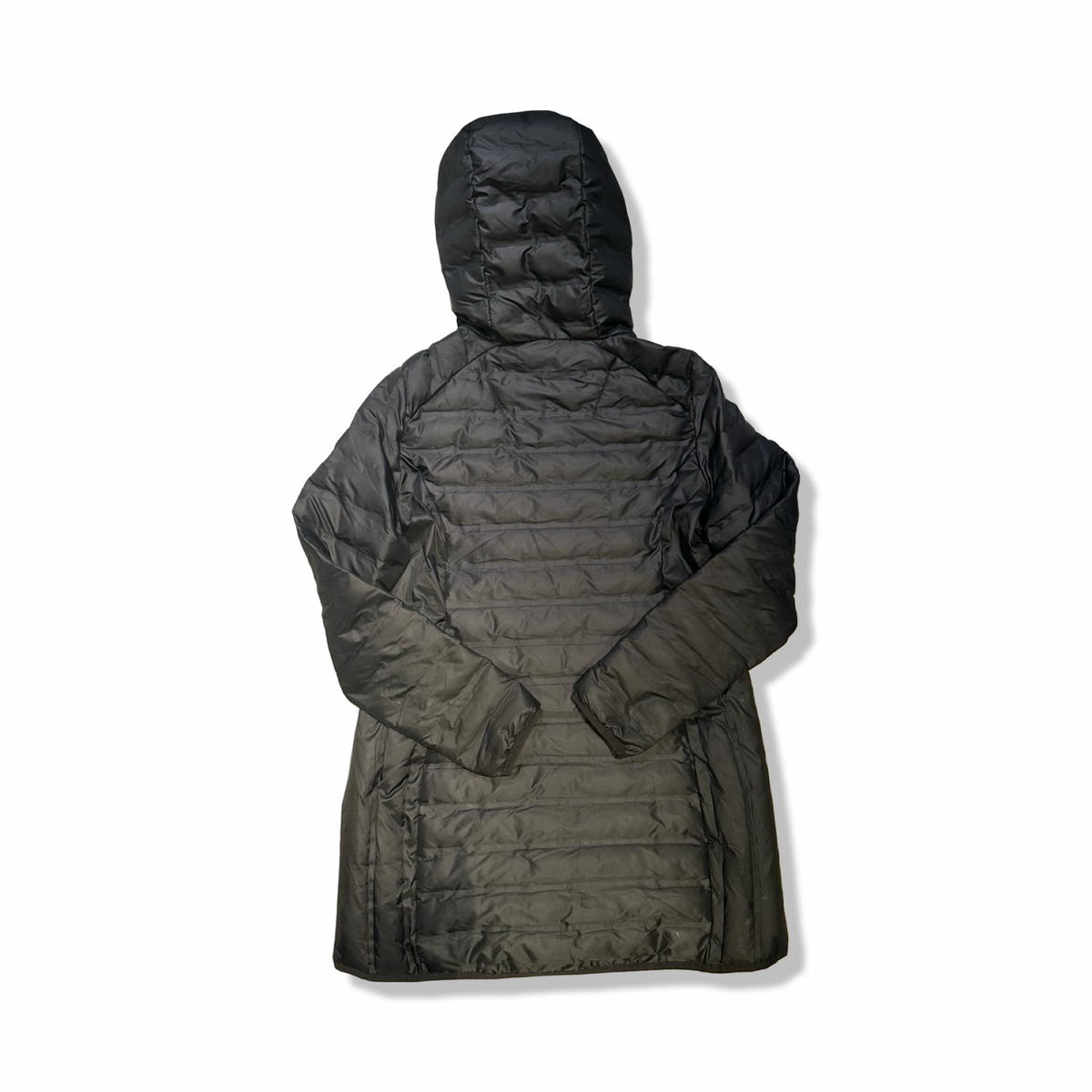 Baksidan av en svart dunjacka från Pelle P modell Tempest coat för dam, fotograferad mot en vit bakgrund.