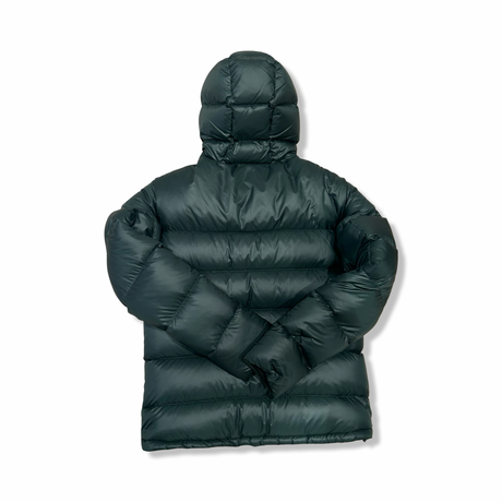 Back view of a green Peak Performance men's down jacket against a white background.