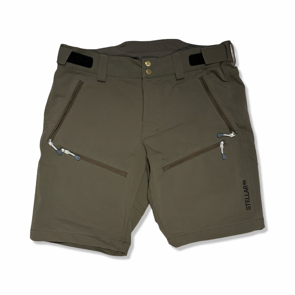 Green women's shorts from Stellar Equipment with zippered pockets, photographed from the front against a white background.