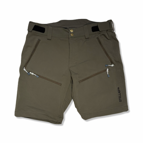 Green women's shorts from Stellar Equipment with zippered pockets, photographed from the front against a white background.
