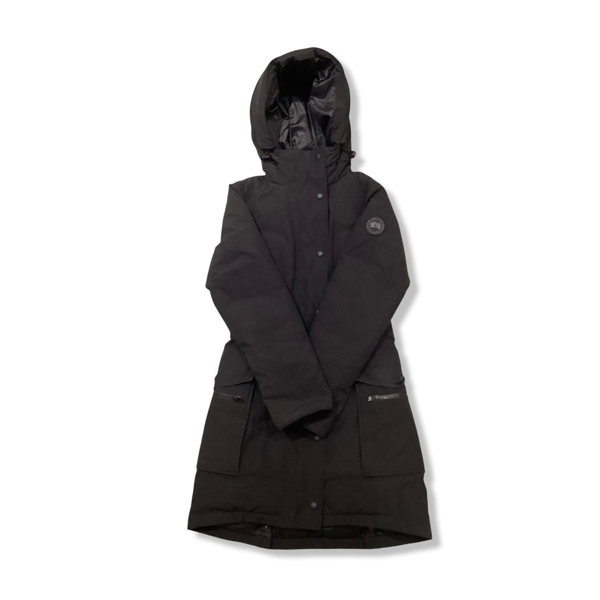 Black Canada Goose women's Black Label hooded down jacket, front view against a white background.
