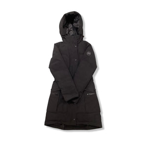 Black Canada Goose women's Black Label hooded down jacket, front view against a white background.